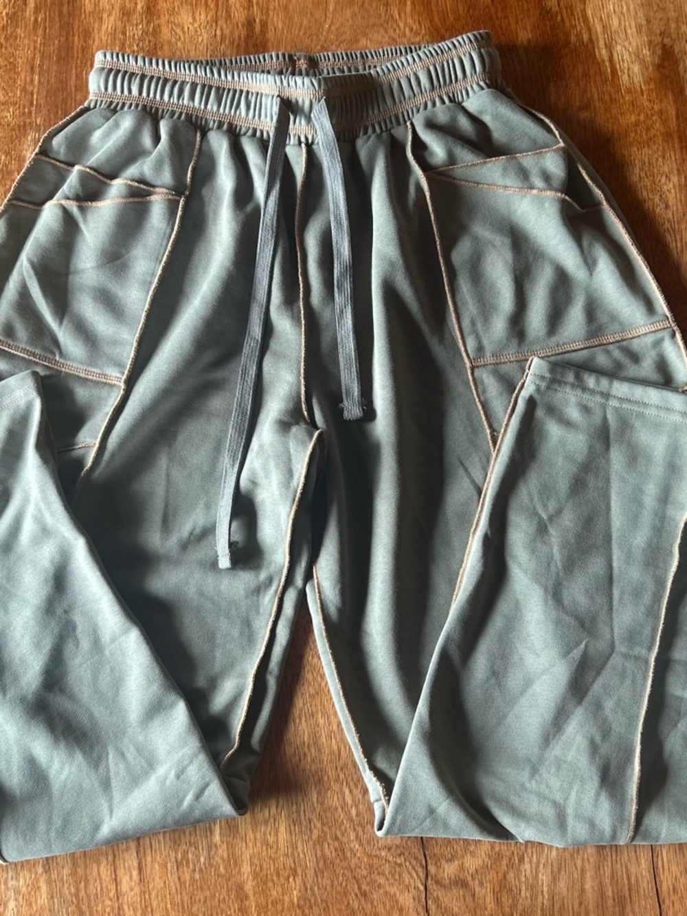 Women's Green Sm Wide-Leg Utility Sweatpants Contrast Stitching Boho Oversized